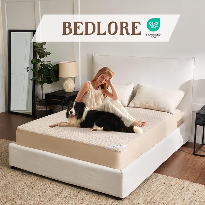 BEDLORE King Size Mattress Protector, Waterproof Noiseless Mattress Cover with Stretchable Pockets for 6-15 inches Mattress, Soft Breathable Mattress Pad for College Dorm (Beige)