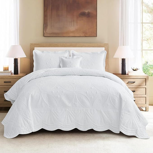 Oversized Bedspread - King Size Bedding Cover - Modern & Contemporary Coverlet Set, Real Stitching, Reversible, Lightweight, 5 Piece, White