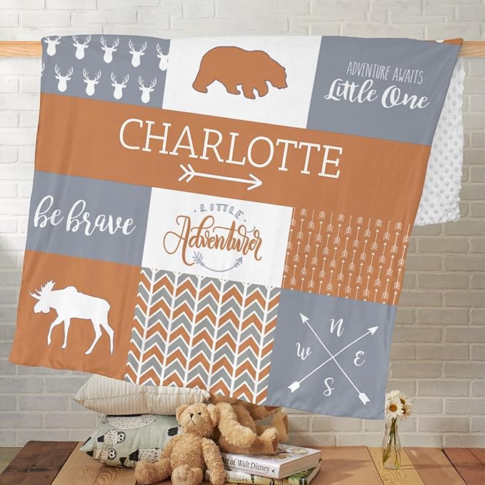 Customzed Baby Blanket for Girls Super Soft Double Layer with Dotted Backing, Monogrammed Receiving Blanket with Cute Woodland Multicolor Printed Blanket Burnt Orange 40 x 50 Inch