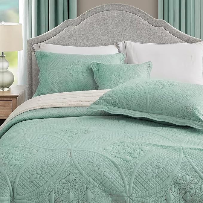 Bedspread - Full Size Bedding Cover - Modern & Contemporary Coverlet Set, Real Stitching, Reversible, Lightweight, 5 Piece, Seaglass