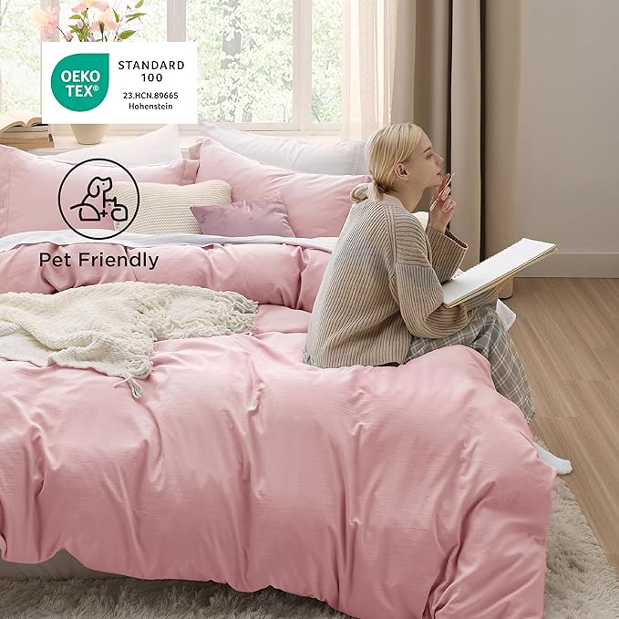 Bedsure Pink Duvet Cover Queen Size - 3 Pieces Prewashed Cotton-Like Extra Soft Bedding Set, Includes 1 Duvet Cover 90x90 Inches with Zipper Closure & 2 Pillow Shams, Comforter Not Included