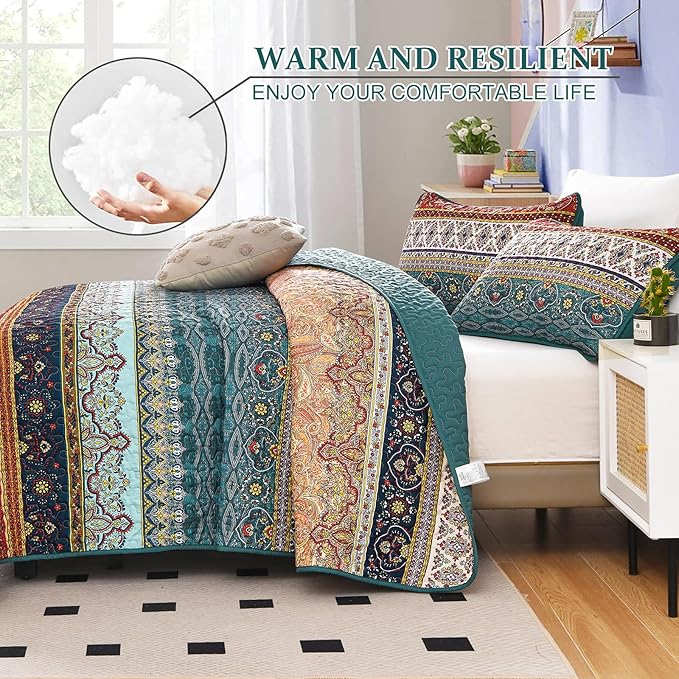WONGS BEDDING Boho Full Quilt Set,3 Pieces Green Brown Bohemian Full Size Bedding Set Lightweight Microfiber Bed Decor Bedspread for All Season 78"x90"