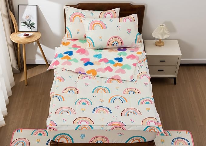 Meeting Story 3pcs Kids Comforter Sets Zipper Bedding Set for Girls,Twin Kid Bedding Set Rainbow Comforter Flower Bedding for Kid,All in one Zipper Bedding（Beige,Twin）