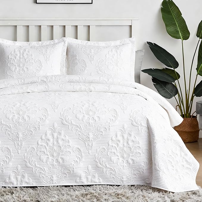 Hansleep White Quilt California King Size - Damask Ultrasonic Summer Bedspread California King, Soft Lightweight Coverlet Bedding Set, 3 Pieces (1 Quilt, 2 Pillow Shams)