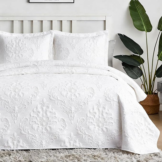 Hansleep White Quilt Twin Size - Damask Ultrasonic All Season Bedspread Twin, Soft Lightweight Coverlet Bedding Set, 2 Pieces (1 Quilt, 1 Pillow Sham)