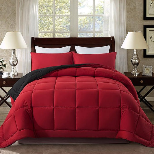 DOWNCOOL Twin Comforter Set -All Season Bedding Comforters Sets with 1 Pillow Case -2 Pieces Bed Set Down Alternative Comforter Set -Red/Black Twin Bedding Sets(64"x88")