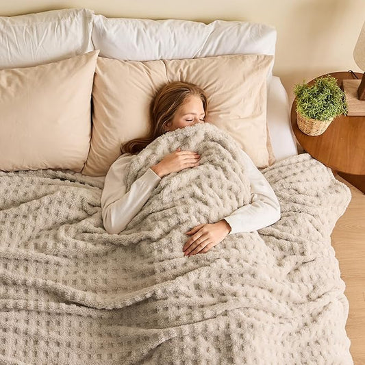 NEWCOSPLAY Super Soft Queen Blanket Linen Premium Silky Flannel Fleece 3D Waffle Checkered Lightweight Bed Blanket All Season Use (Linen, Queen(90"x90"))