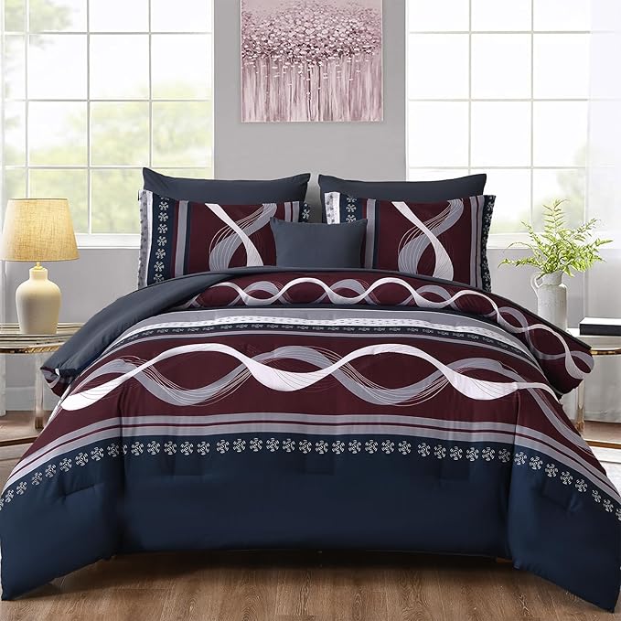 Anibedding Striped Comforter Set Queen Size,8 Pieces Bed in a Bag Blue Red Patchwork Bedding Sets,Boho Soft Microfiber Bedding Set for All Season(90"×90")