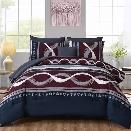 Anibedding Striped Comforter Set Queen Size,8 Pieces Bed in a Bag Blue Red Patchwork Bedding Sets,Boho Soft Microfiber Bedding Set for All Season(90"×90")