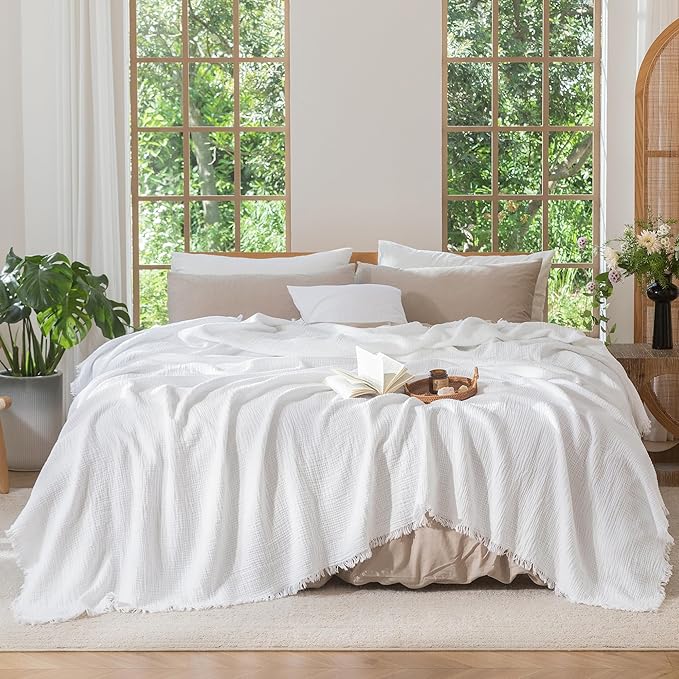MooMee Muslin Blanket - 100% Cotton 4-Layer Gauze Throw Blanket with All-Around Fringe, Ultra-Soft Breathable Lightweight Cooling Decorative for Bed, Sofa & Couch (Bright White, Queen 90" x 90")
