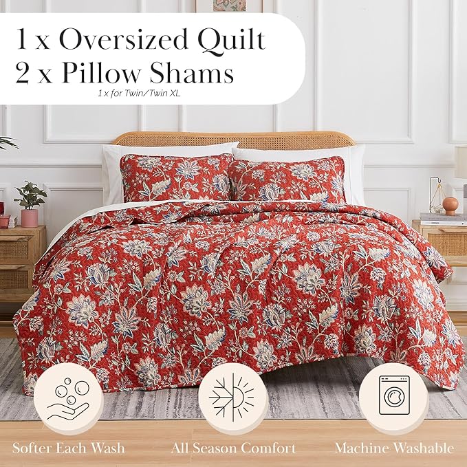 Southshore Fine Living, Inc. Oversized King Quilt Bedding Set, Jacobean Willow Floral Quilt Set with 2 Matching Pillow Shams, Lightweight California King Bed Spread, Soft Microfiber Fabric, Red