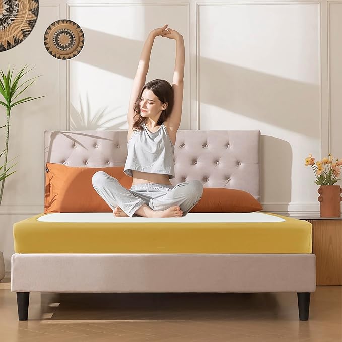 Biscaynebay Decorative Box Spring Cover Queen Size, Gold Luxurious Jersey Knitting Stretchy Wrap Around 4 Sides Bed Skirt for Home/Hotels, Easy Fit Wrinkle & Fade Free Machine Washable