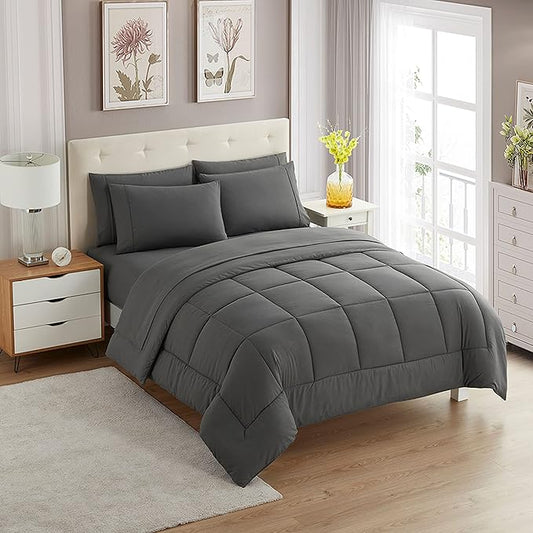 King Size Comforter Set with Sheets - 7-Piece Bedding Collection - 1 Comforter, 1 Fitted Sheet, 1 Flat, 4 Pillowcases - Deep Pocket - Soft & Breathable Premium Quality - Ideal for All Seasons, Gray
