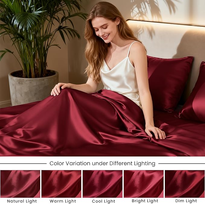 Love's cabin Satin Queen Sheets Set - 4 Piece Burgundy Silky Bed Sheets with Deep Pocket, Luxury Silk Feel Satin Queen Size Sheet Set (1 Flat Sheet,1 Fitted Sheet,2 Pillow Cases)