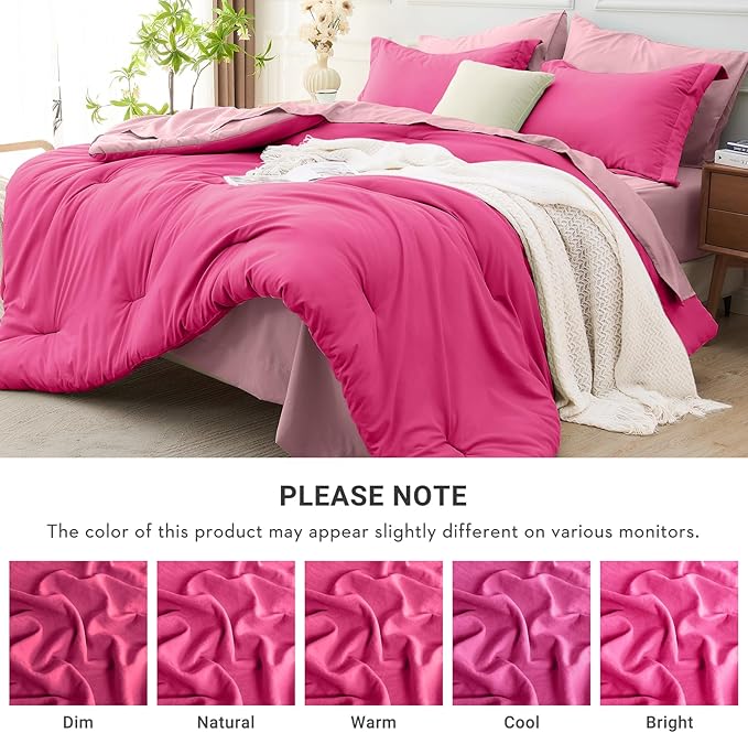 MUXHOMO 7 Pieces Queen Comforter Set, Soft Bed in a Bag Queen Size, All Season Bedding Set with Comforter, Flat Sheet, Fitted Sheet, Pillowcases & Shams, Hot Pink & Baby Pink