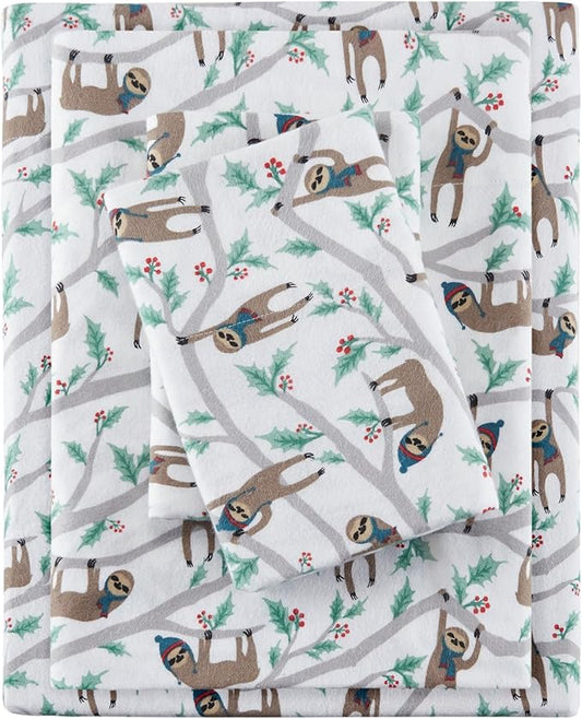True North by Sleep Philosophy Cozy Flannel Warm 100% Cotton Sheet - Novelty Print Animals Stars Cute Ultra Soft Cold Weather Bedding Set, King, Multi Sloth 4 Piece