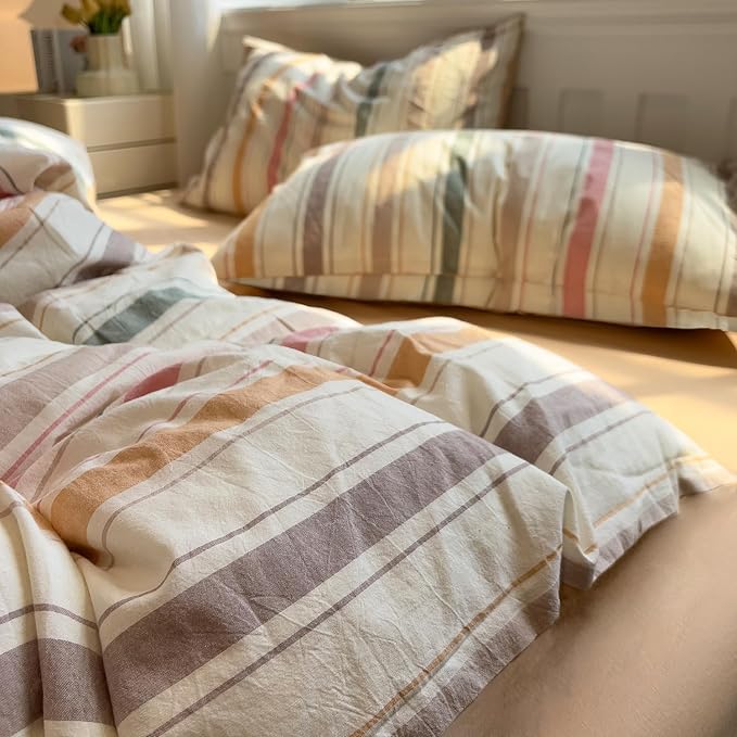 mixinni Vintage Striped Duvet Cover Set Queen, 3-Piece 100% Washed Cotton Bedding Set - Soft & Breathable Colorful Comforter Cover with Zipper, All-Season Lightweight Bed Set for Cozy Home