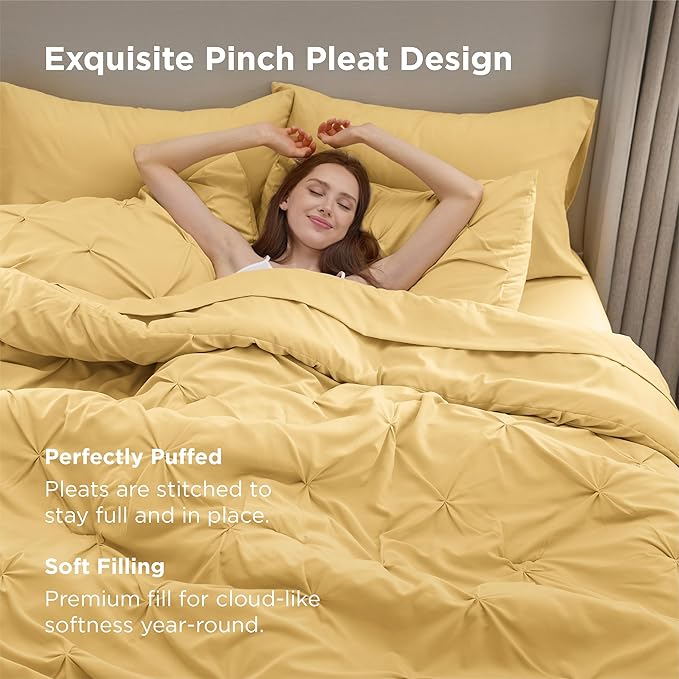Bedsure Full Comforter Set Yellow - Bed in a Bag Full Size 7 Pieces, GentleSoft™ Pintuck Bed Set Gift for Family, Pinch Pleat Yellow Comforter with Sheets, Pillowcases & Shams