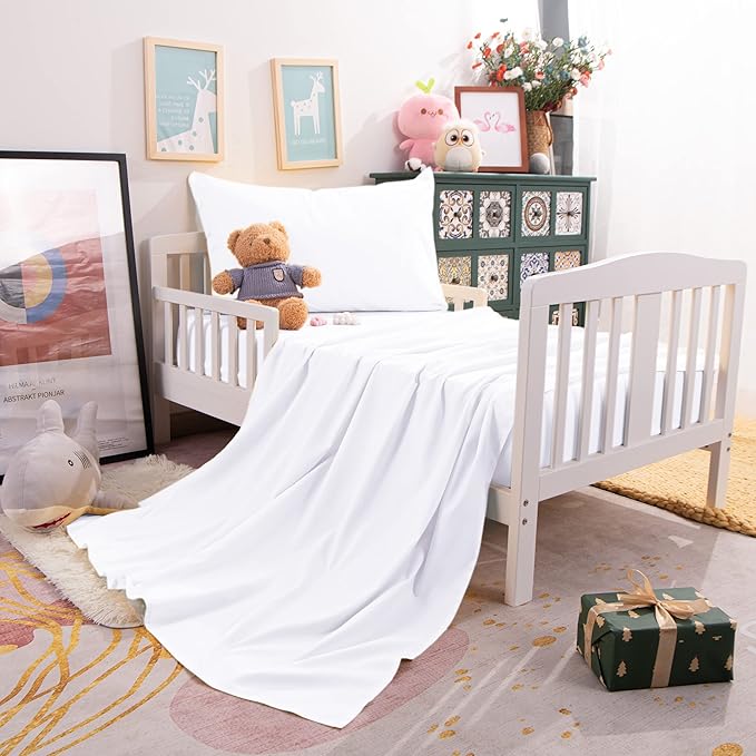 NTBAY Toddler Sheet Set - 3-Piece Microfiber Crib Sheet Set - Flat Sheet, Fitted Sheet, Pillowcase - Solid Toddler Bedding, White