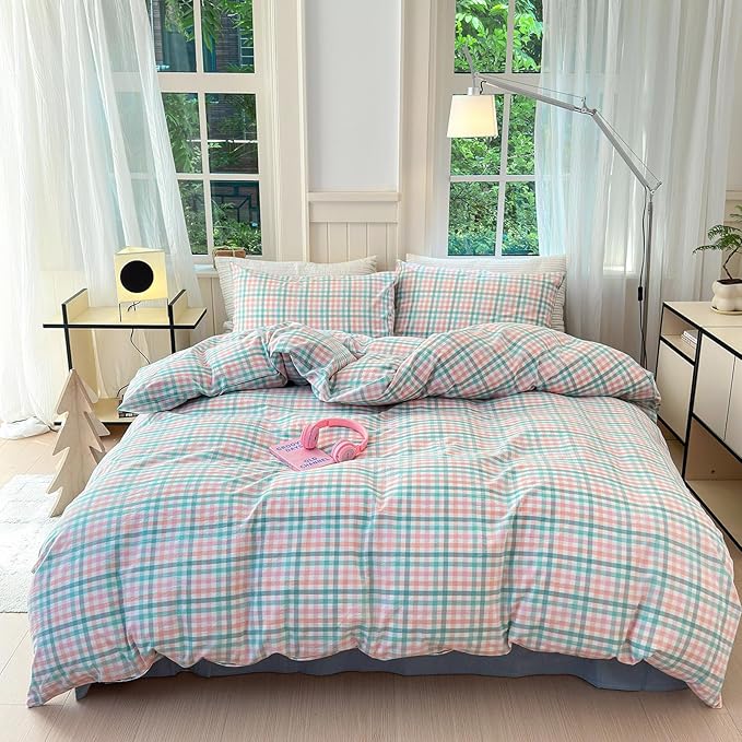 LifeTB Gingham Comforter Set Twin XL Multi-Colored Plaid Comforter Set 3 Pieces Checkered Grid Comforter with 2 Pillowcases Soft Fluffy Gingham Bedding Set Farmhouse Grid Bed Comforter Twin XL