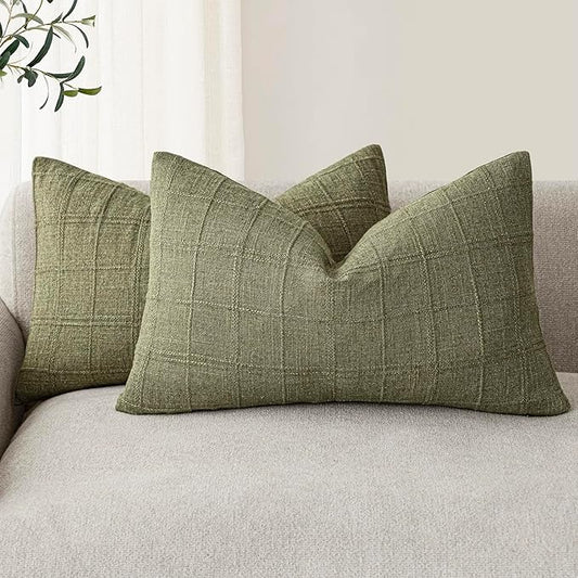 Foindtower Set of 2 Decorative Linen Check Throw Pillow Covers Neutral Farmhouse Lumbar Cushion Covers Modern Boho Home Decor for Sofa Chair Couch Bedroom Living Room,12×20 Inch,Sage Green