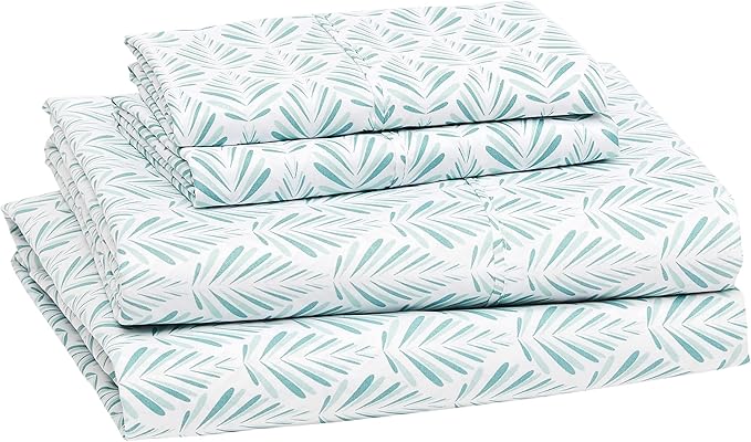 Amazon Basics Lightweight Breathable Wrinkle Resistant Microfiber 4-Piece Bed Sheet Set with 14-Inch Deep Pockets, Full, Aqua Fern, Printed