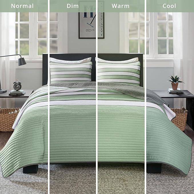 Comfort Spaces Twin Quilt Set Trendy Casual Fun, Vibrant Color Stripes Design, All Season Lightweight Coverlet Bedspread Twin Size Kids Bedding & Sham, Verone, Twin/Twin XL, Sage Green, 2 Piece