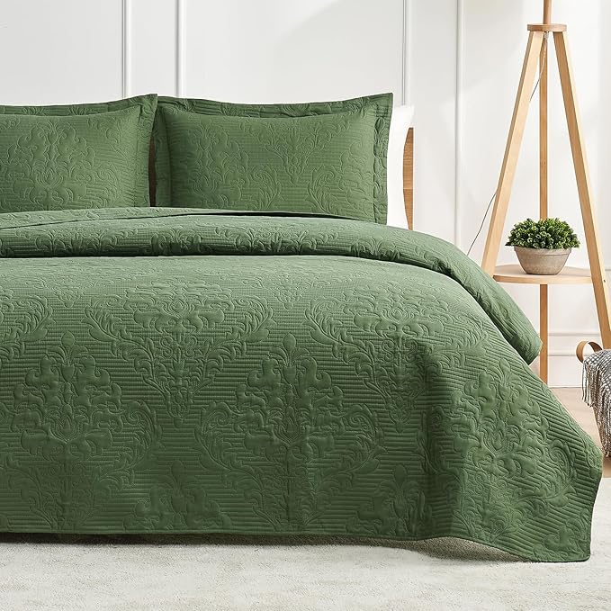 Hansleep Olive Green Quilt Twin Size - Damask Ultrasonic All Season Bedspread Twin, Soft Lightweight Coverlet Bedding Set, 2 Piece (1 Quilt, 1 Pillow Shams)