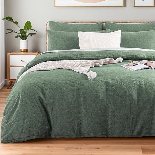 NEXHOME PRO Duvet Cover Queen 100% Washed Cotton, Organic Natural Linen Like Textured, Breathable, Durable, Home Bedding Set, Heathered Green 9090
