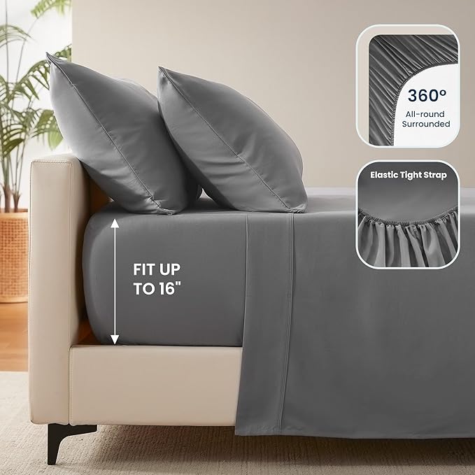 SLEEP ZONE Nanotex Super Soft Cooling Twin Bed Sheets Set for Kids 3 Piece - Easy Care Fitted Flat Sheet & Pillowcase Sets - Wrinkle Free, Fade Resistant, Deep Pocket 16" (Gull Gray, Twin)
