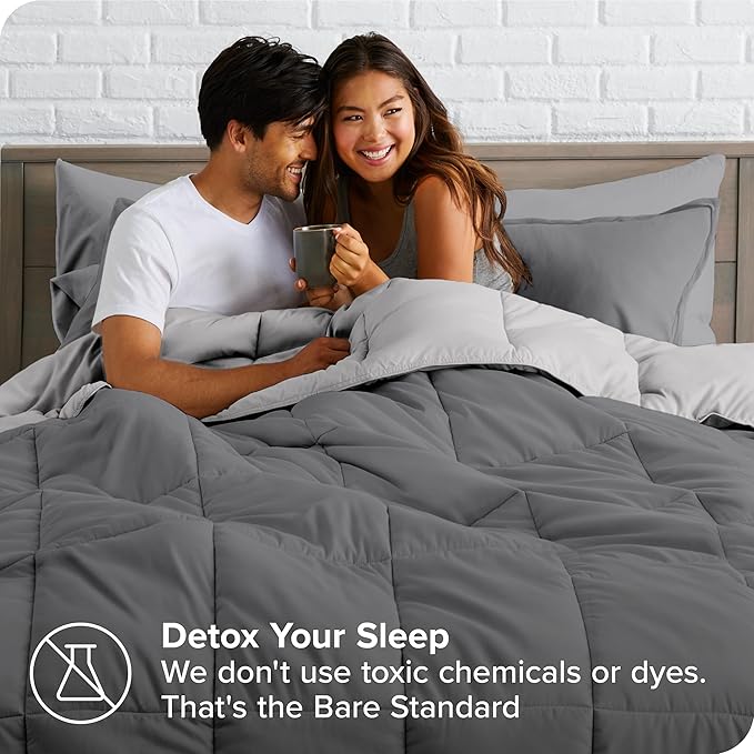 Bare Home Reversible Bed-in-A-Bag Comforter & Sheet Set - Full Extra Long - Down Alternative - Soft - Bedding Set (Full XL, Light Grey, Grey)