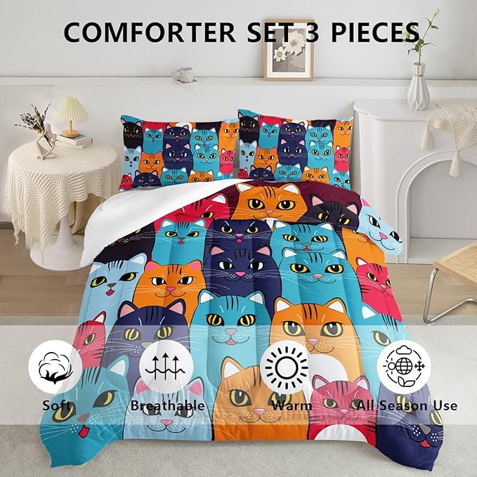 Axolotl Cartoon Cat Comforter Set Kids Bedding Full Size,Cute Colorful Cat Bedding Set for Kids Boys Girls Adults Teens Room Decor,Kids Comforter Set All Season,1 Comforter 2 Pillow Cases
