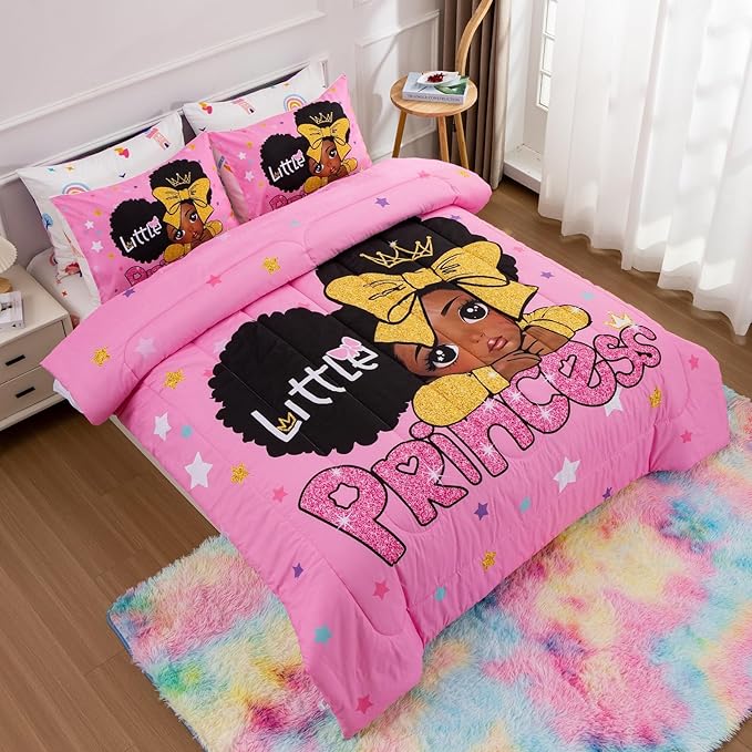 A Nice Night Black Girl Little Princess Comforter Set, Pink 6Pcs Bed in A Bag Queen Size Sparkling Stars Bedding Set,for Kids, Girls