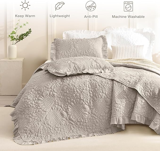 Masaca Oversized King Bedspread(118"x106"),Ruffled Farmhouse Shabby Boho Chic California King Quilt Set Oversized Linen Colored Crinkled Lightweight Rustic Stone-Washed Microfiber Bedding Set