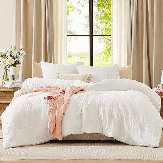 WRENSONGE King Size Comforter Set - 3 Pieces Prewashed White Comforter Soft Lightweight Bedding for All Seasons,Fluffy Down Alternative Comforter King Size with 2 Pillow Shams