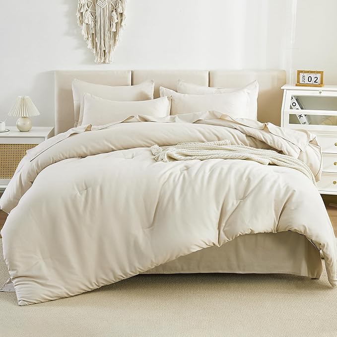 Litanika Twin XL Comforter Set Beige - 5 Pieces Twin Extra Long Bed in a Bag for College Dorm, All Season Bedding Set for Girls and Boys, Cream Soft Bed Set