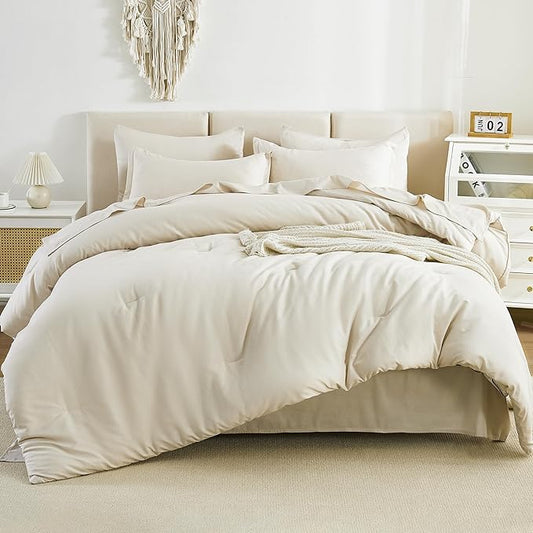 Litanika Beige Bed in a Bag Full - 7 Pieces Full Size Comforter Sets Bedding Comforter Sets, Solid Fluffy Bed Set with Comforter, Sheets, Pillowcases & Shams