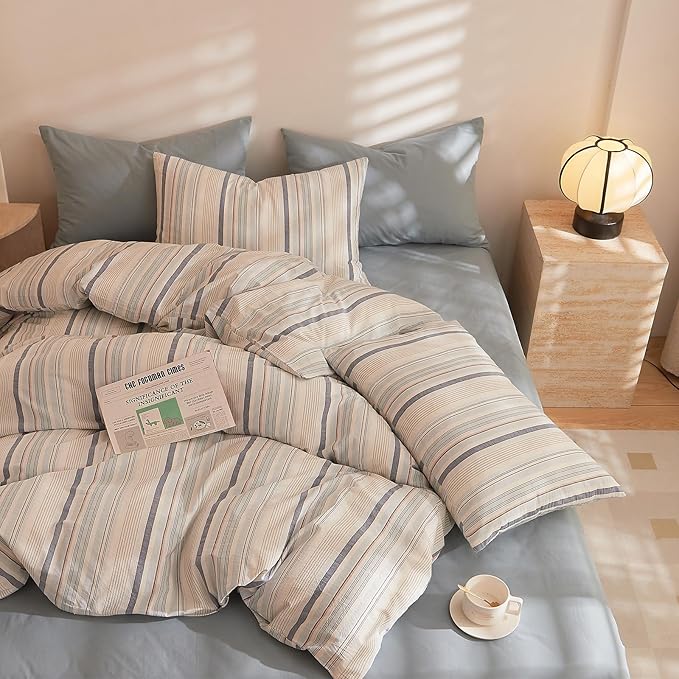 LifeTB Striped Duvet Cover Set Queen, 100% Washed Cotton Blue White Stripes Pattern Printed Comforter Cover, 3 Pieces Striped Bedding Set Comfy Breathable Duvet Cover Queen with 2 Pillowcases