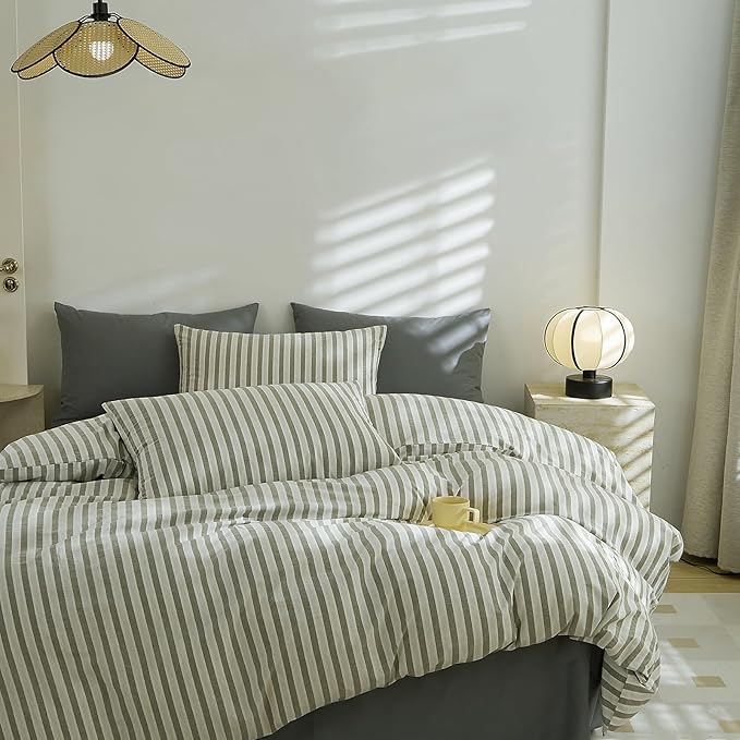 Striped Duvet Cover Set Twin, 100% Washed Cotton Striped Bedding Set, 3 Pieces White Grey Stripes Pattern Printed Comforter Cover, Durable Soft Breathable Duvet Cover with Zipper Closure & Corner Ties