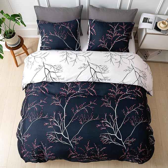 Lekesky Reversible Duvet Cover King Size, Starry Sky Blue Branch Comforter Cover King 3pcs Microfiber Botanical Bedding Set with Zipper Closure Corner Ties