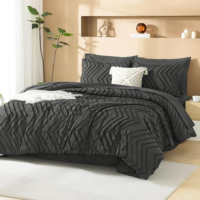 Litanika Dark Grey Queen Size Comforter Set with Sheets - 7 Pieces Bed in a Bag Queen Tufted Complete Bedding Sets with Comforter, Sheets, Pillowcases & Shams
