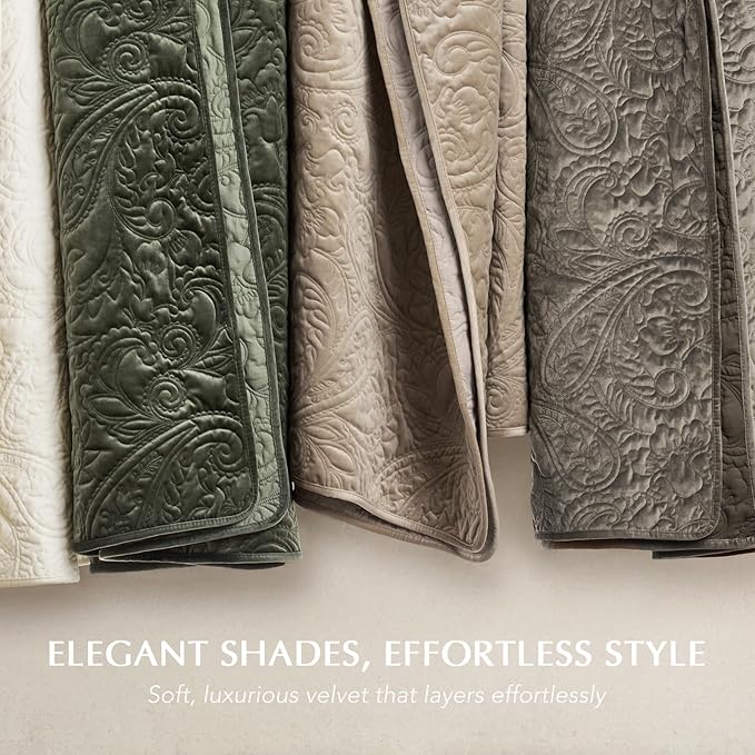 EverGrace Luxury Pearl Velvet Quilt Set King Size 3 Pieces, Soft Paisley-Stitch Velvet Comforter Set with Pillow Shams, Lightweight Bedspread Coverlet Bedding Set, Stone Taupe
