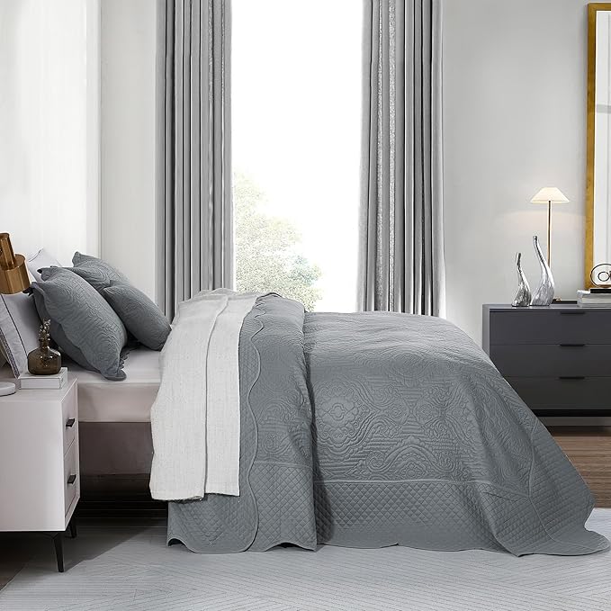 HZ & HY Oversized King Bedspread 128x120 Extra Wide, Ultrasonic Coverlet Bedding Set, Lightweight Thin Comforter, Reversible, 5 Piece, 100% Microfiber, Grey