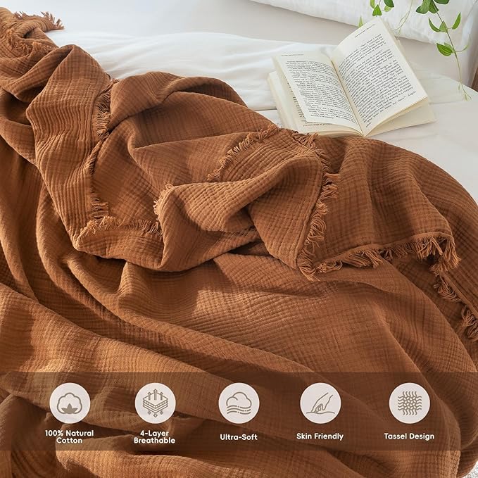 MooMee Muslin Blanket - 100% Cotton 4-Layer Gauze Throw Blanket with All-Around Fringe, Ultra-Soft Breathable Lightweight Cooling Decorative for Bed, Sofa & Couch (Drak Orange,Throw XL 50" x 70")