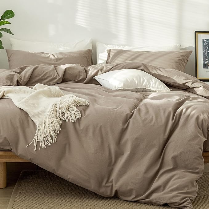 MooMee Bedding Duvet Cover Set 100% Washed Cotton Linen Like Textured Breathable Durable Soft Comfy (Mocha Brown, Alaska King)