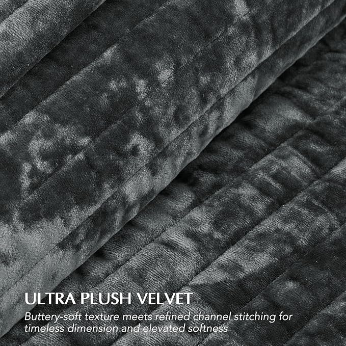 EVERGRACE Velvet Quilt Set Queen Size, Luxurious Soft Striped Channel Bedding Set, Lightweight Velvet Comforter for All Season, Oversized Bedspread Coverlet with 2 Matching Shams, Charcoal Gray
