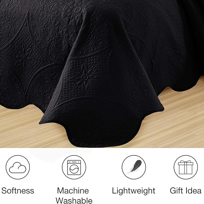 MOONLIGHT20015 Twin Quilt Bedding Set Size (66" x 86 ") + 1 Pillow Shams (20" x 26" + 2") - 2 Pcs All Season Lightweight Reversible Microfiber Coverlet Floral Embossed Quilt Bedspread (Black)