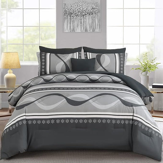 Anibeddin Grey Comforter Set King Size,8 Pieces Boho Bed in a Bag Patchwork Striped Comforter Set, Soft Microfiber Bedding Set for All Season(104"×90")
