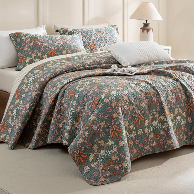 QSH 100% Cotton Floral Quilt Sets Queen Bedding Set (90"x98")-3PCs Luxury Paisley Botanical Flower Printed Quilted Bed Set Soft Lightweight Bedspread Coverlet Queen Set with Pillowcases