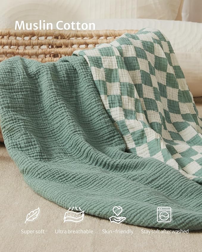 Blissful Diary Muslin Mini Crib Sheets, Pack and Play Mattress Sheets Fitted for Pack N Play, Soft Cotton for Boys Girls, 2 Pack(Sage Checkboard & Sage Green)